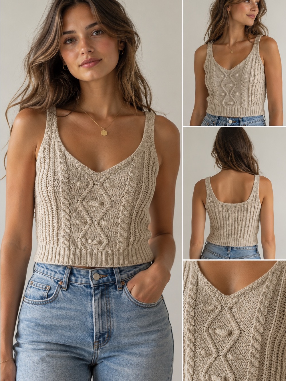 Cable Knit V-Neck Tank Top - Cream